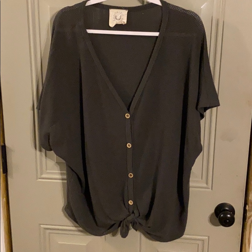 Grey bottom down tie front blouse